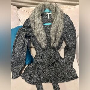 Charter Club Gray Sweater Cardigan with Faux Fur Collar